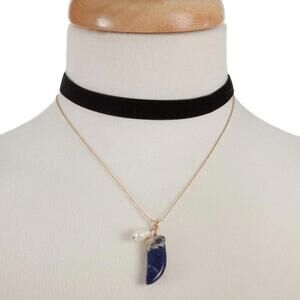 Handcrafted Black Faux Suede And Gold Tone Choker With A Blue Horn Pendant
